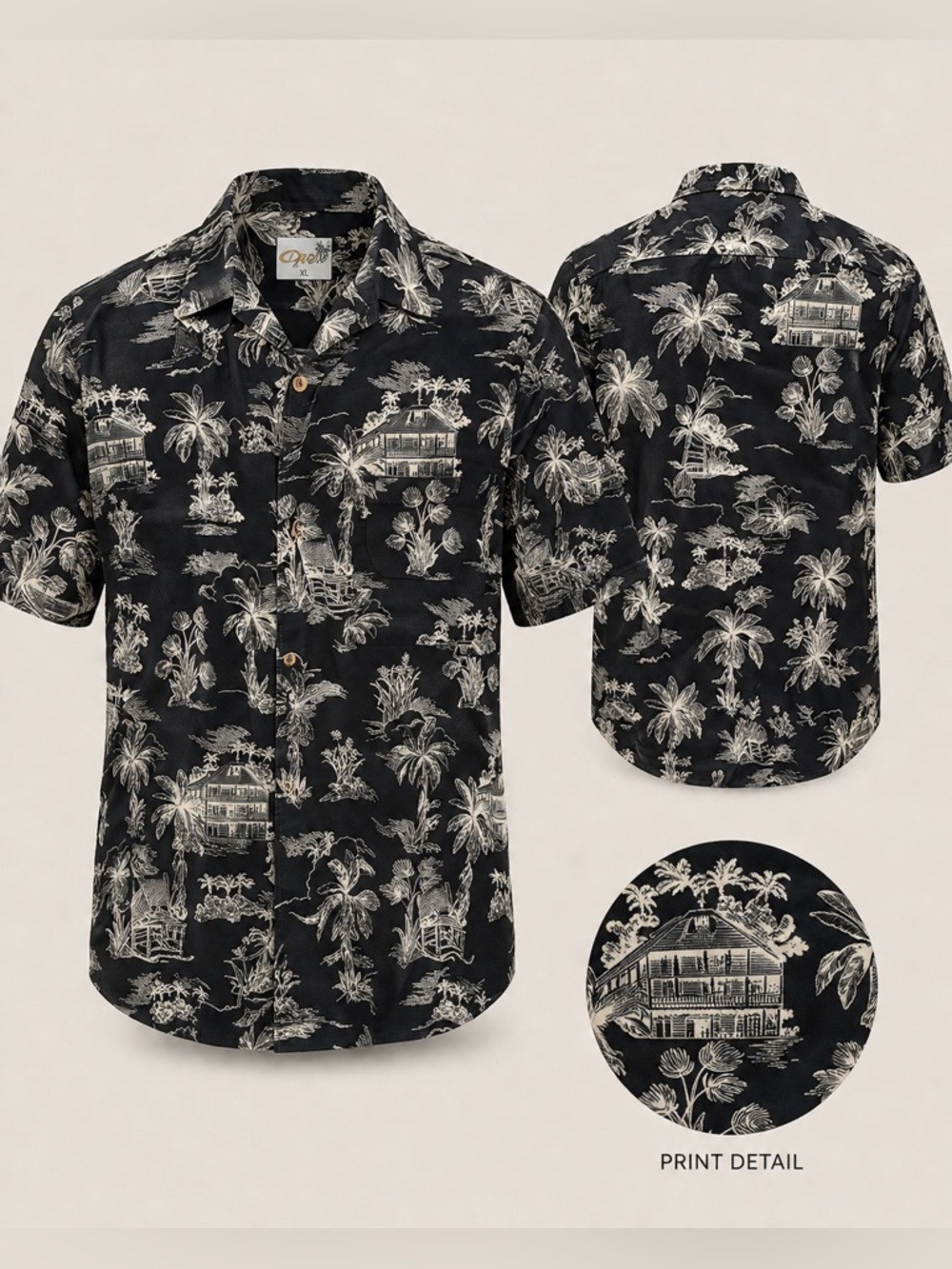 Men's Black Tropical Print Short-Sleeve Button-Down Shirt